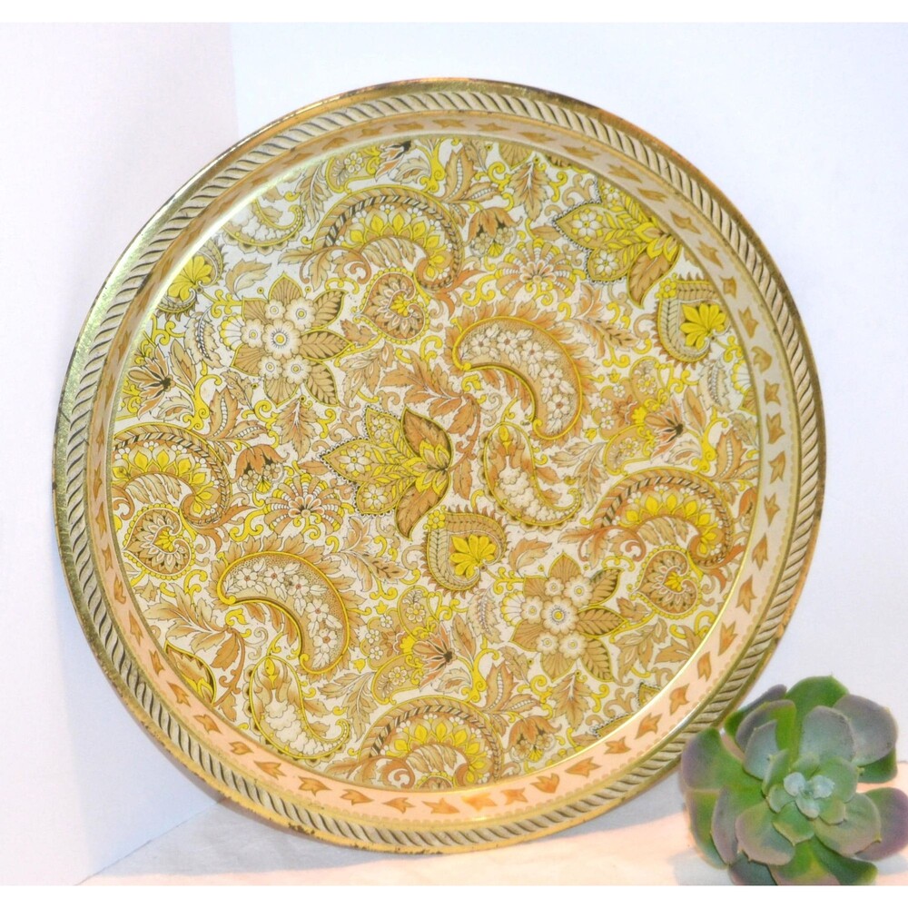 Vintage Metal Tray Gold Paisley English Style